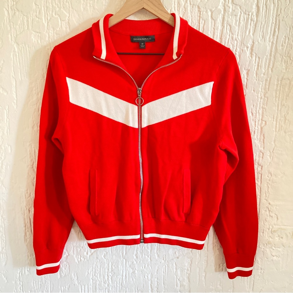 Banana Republic Hot Red White Chevron Strip Track Jacket Size Medium